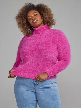 Fashion To Figure - Turtleneck Open Back Fuzzy Knit Sweater