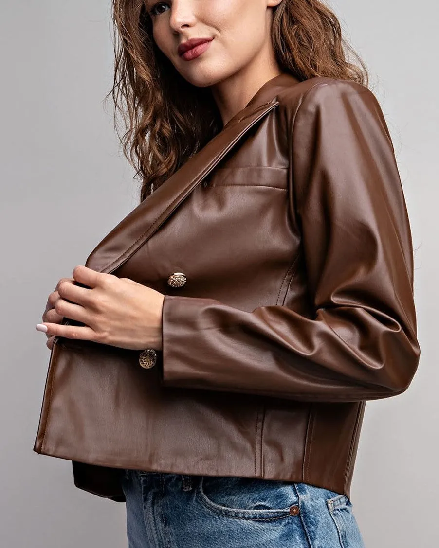 Faux Leather Crop Moto Jacket - Dark Brown - FINAL SALE