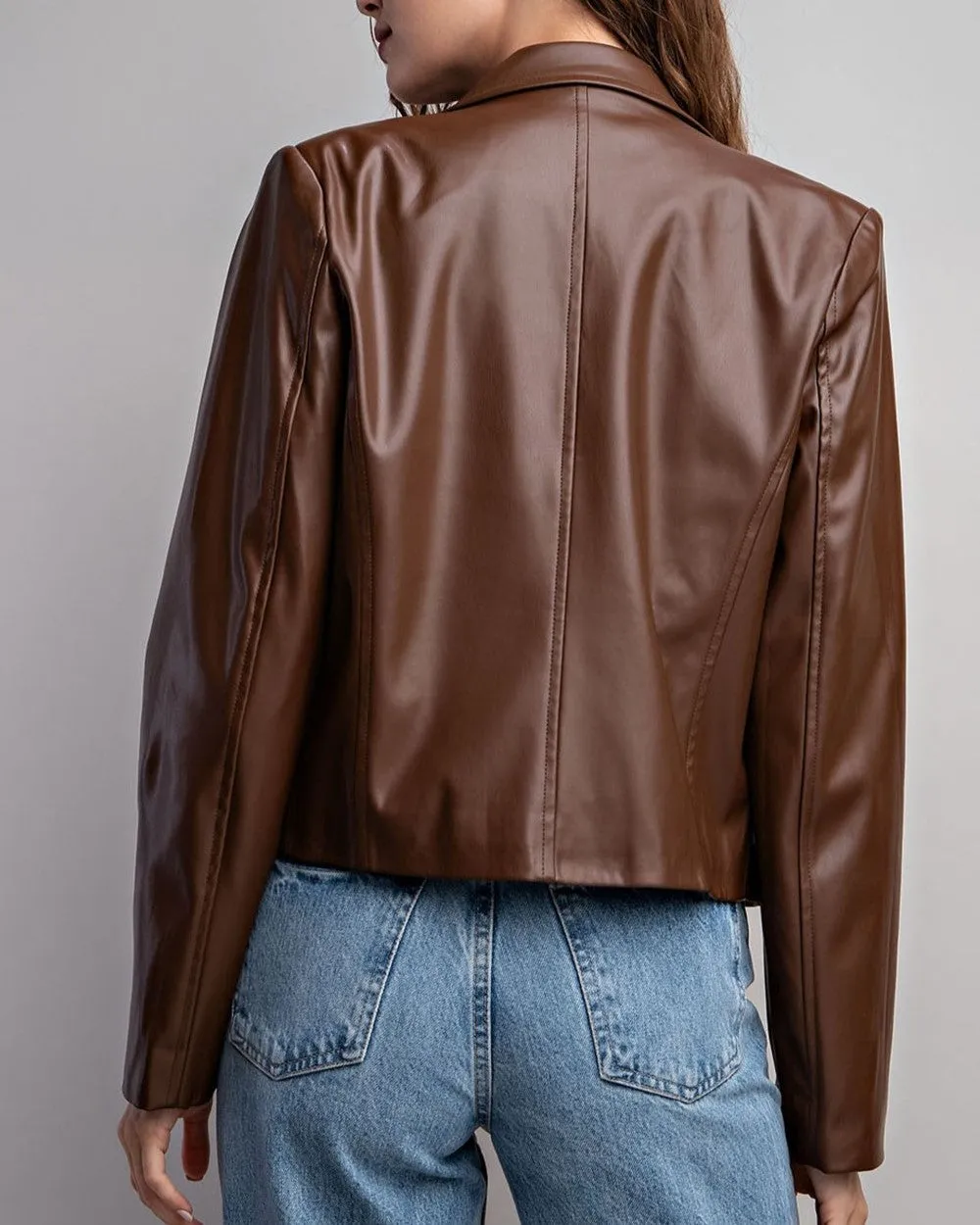 Faux Leather Crop Moto Jacket - Dark Brown - FINAL SALE