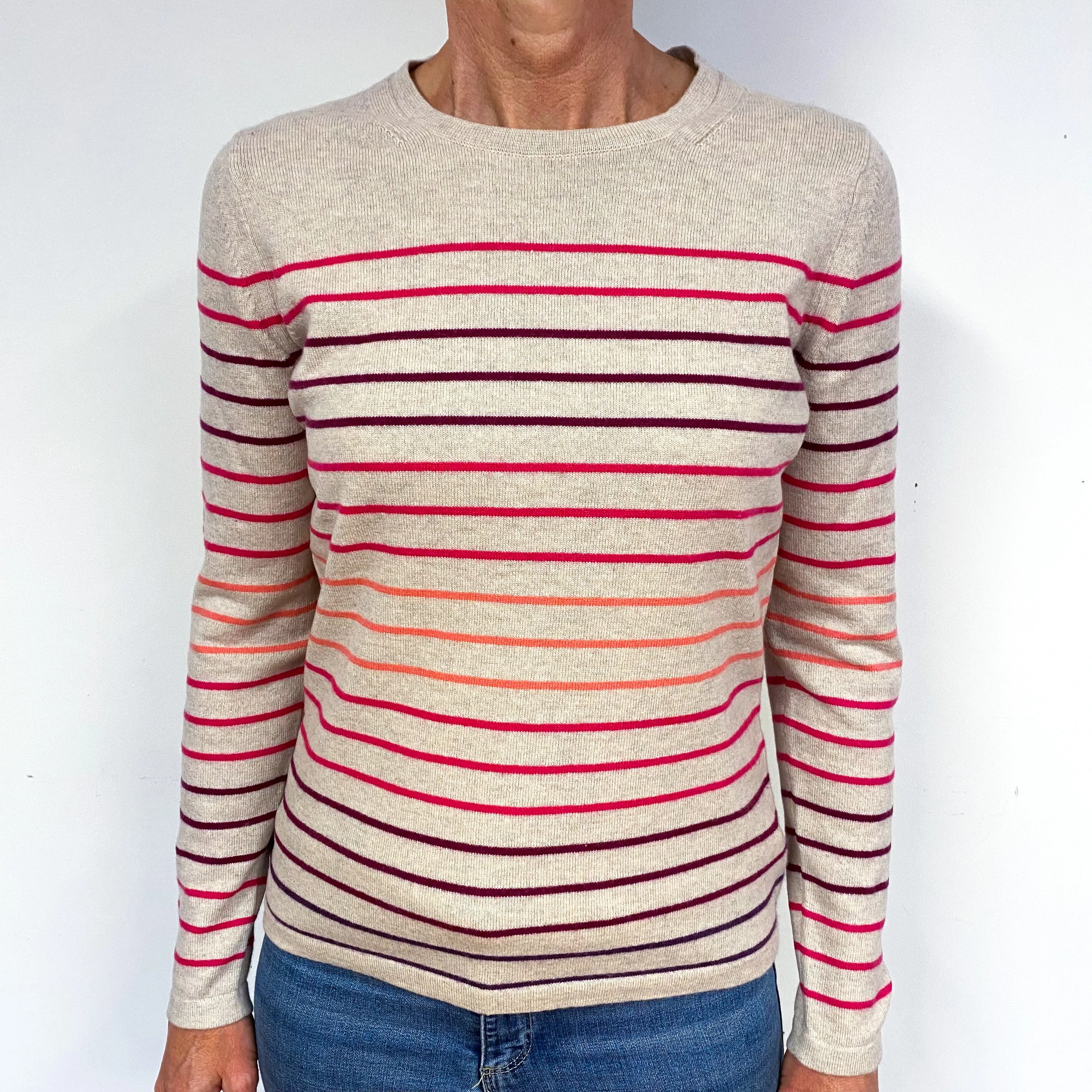 Fawn Pink Stripe Cashmere Crew Neck Jumper Medium