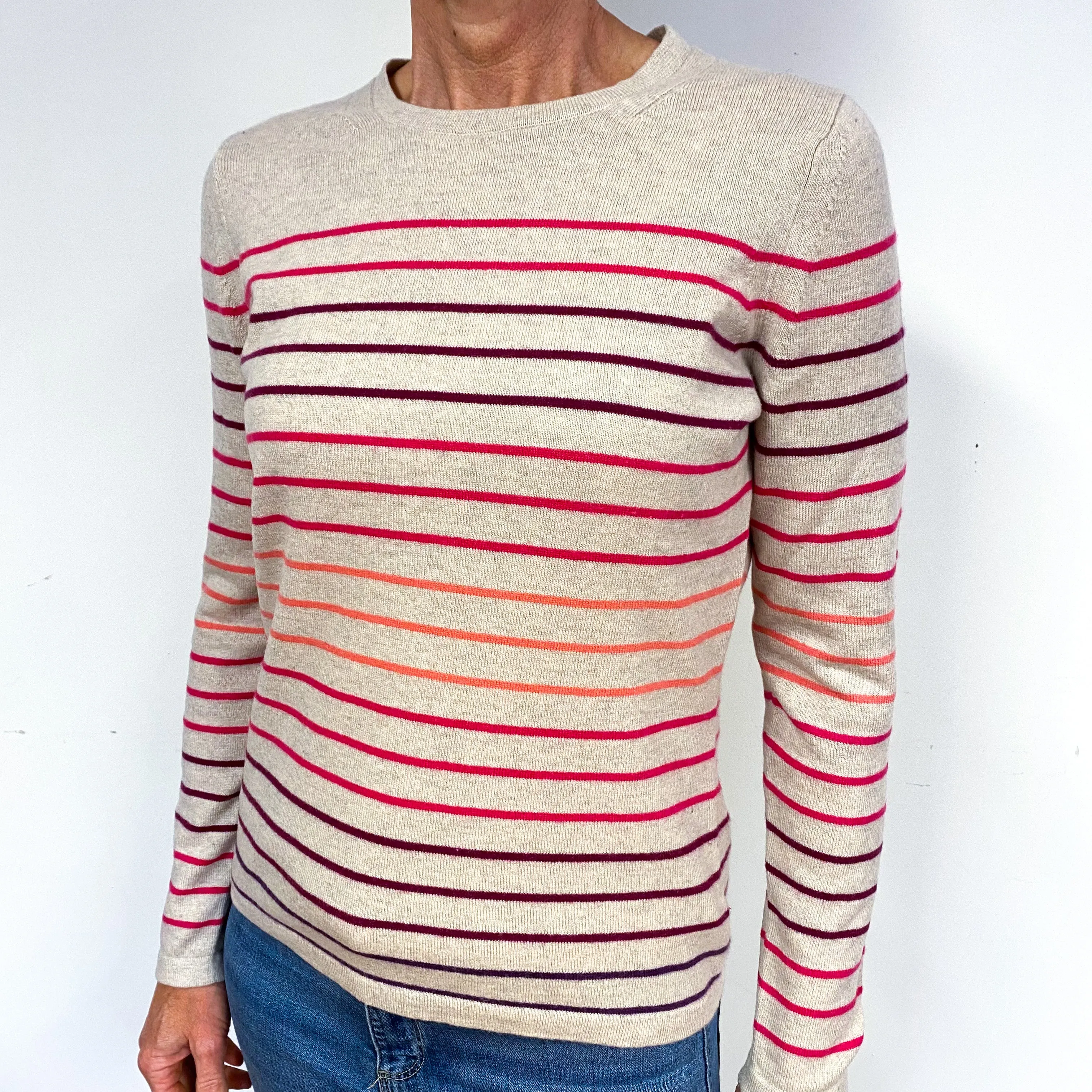 Fawn Pink Stripe Cashmere Crew Neck Jumper Medium