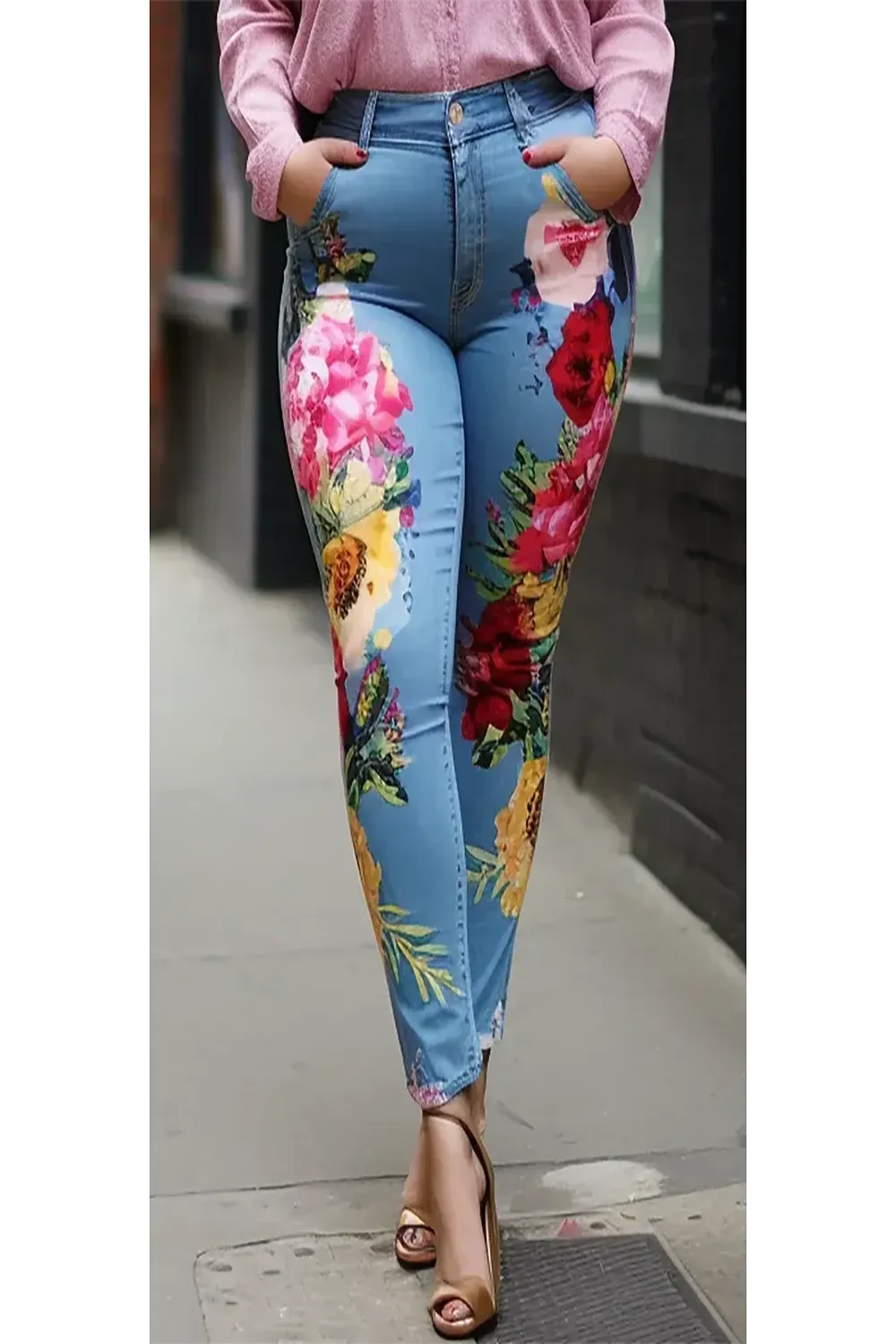 Floral Print Blue Flower Print Jeans