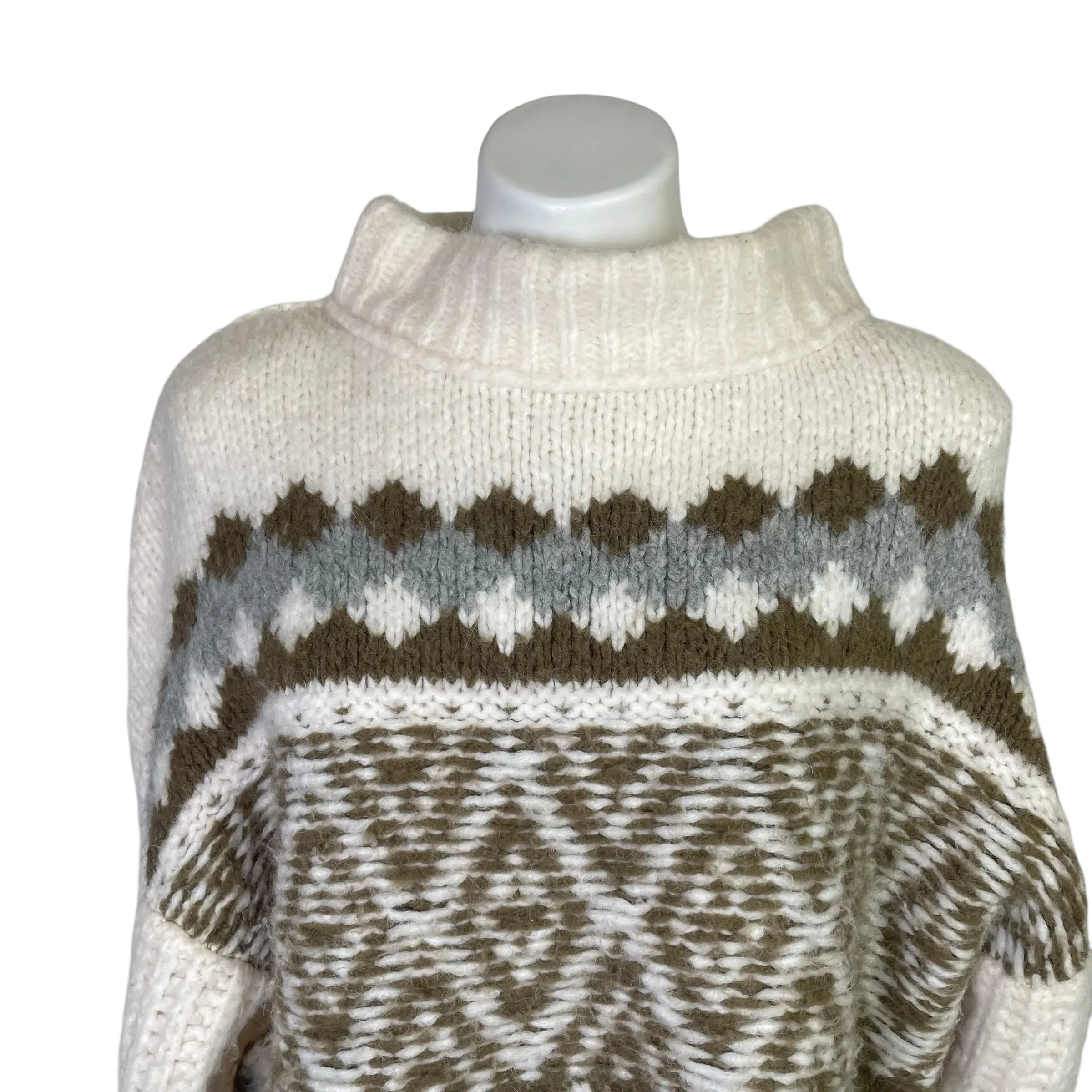 Free People | Women's Cream, Brown and Gray Wool and Alpaca Blend Nordic Print Mockneck Pullover Crop Sweater | Size: M