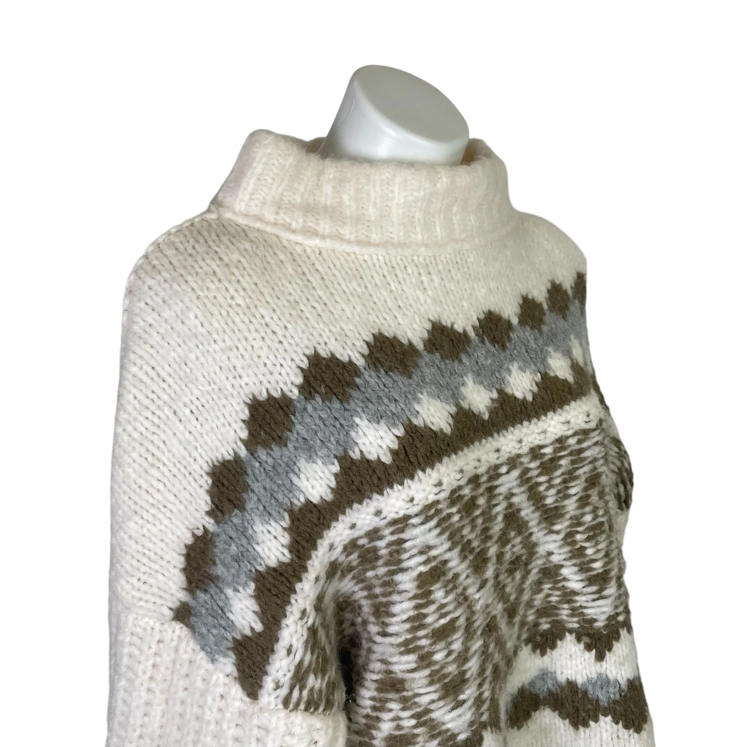 Free People | Women's Cream, Brown and Gray Wool and Alpaca Blend Nordic Print Mockneck Pullover Crop Sweater | Size: M