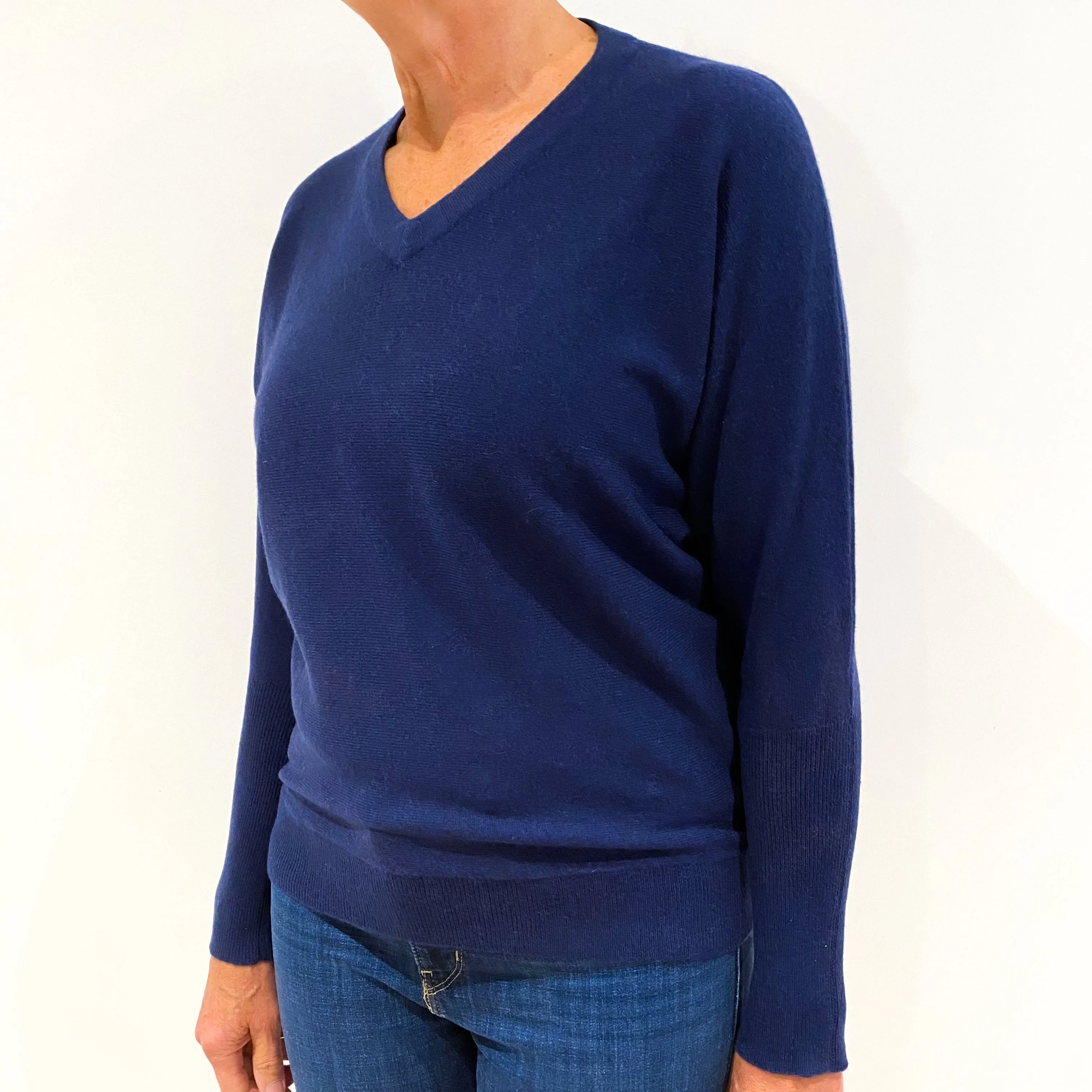 French Navy Blue Slouchy Batwing Cashmere V-Neck Jumper Medium
