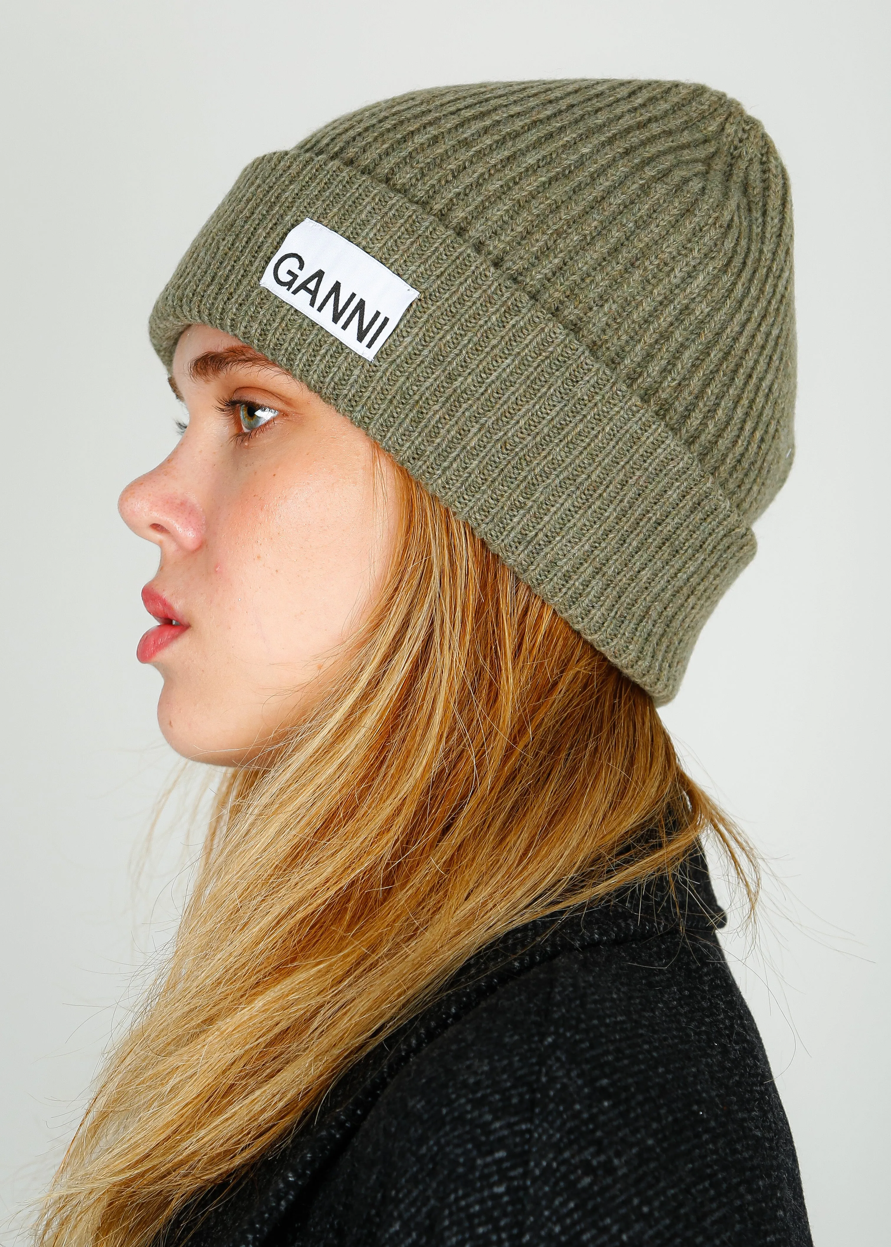 GANNI A5354 Rib Knit Beanie in Dusty Olive