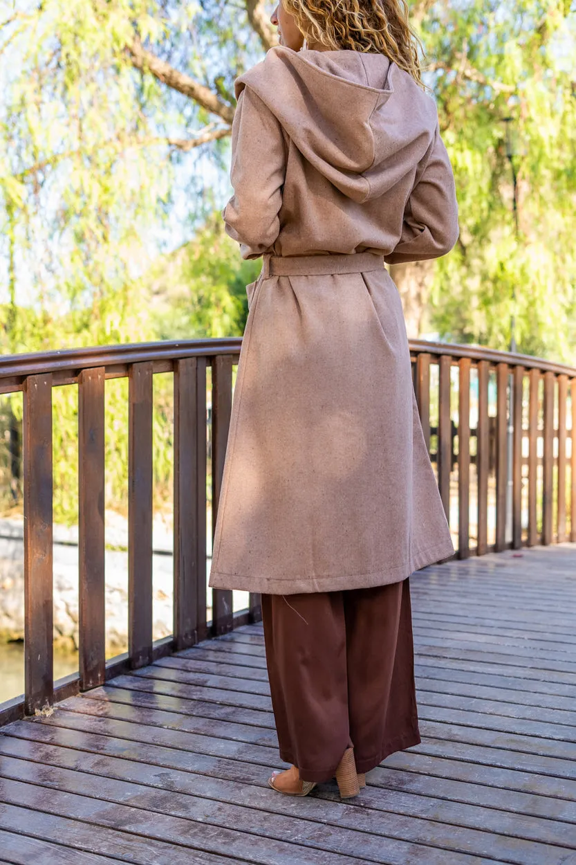 GNS Woman Beige Self-Belted Hooded Loose Fit Coat Bst3269 - Suffolk