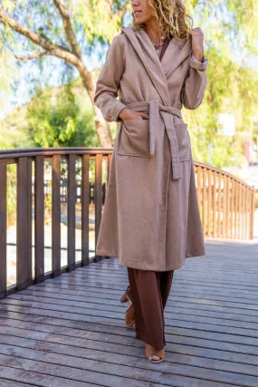 GNS Woman Beige Self-Belted Hooded Loose Fit Coat Bst3269 - Suffolk