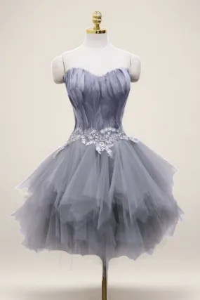Grey Feathered Short Wedding Party Dress - Layered Tulle Dress - Strapless Corset Bridal Gown Plus Size