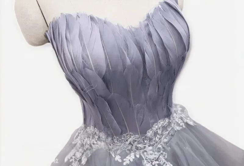 Grey Feathered Short Wedding Party Dress - Layered Tulle Dress - Strapless Corset Bridal Gown Plus Size