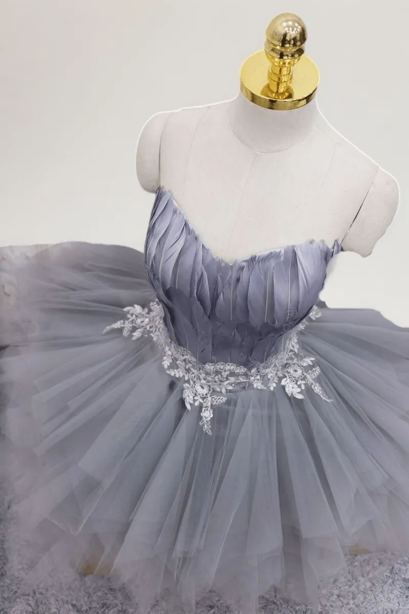 Grey Feathered Short Wedding Party Dress - Layered Tulle Dress - Strapless Corset Bridal Gown Plus Size