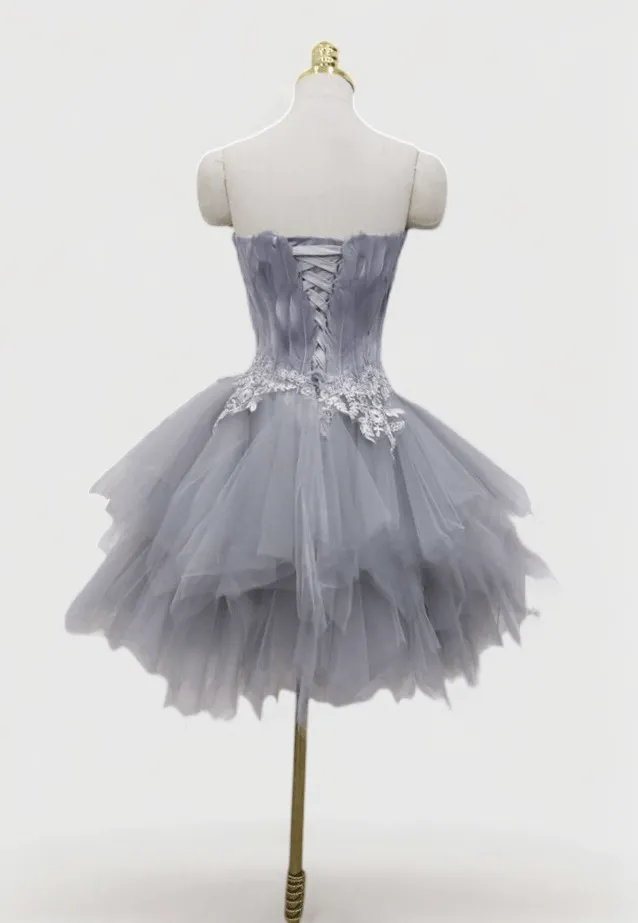 Grey Feathered Short Wedding Party Dress - Layered Tulle Dress - Strapless Corset Bridal Gown Plus Size