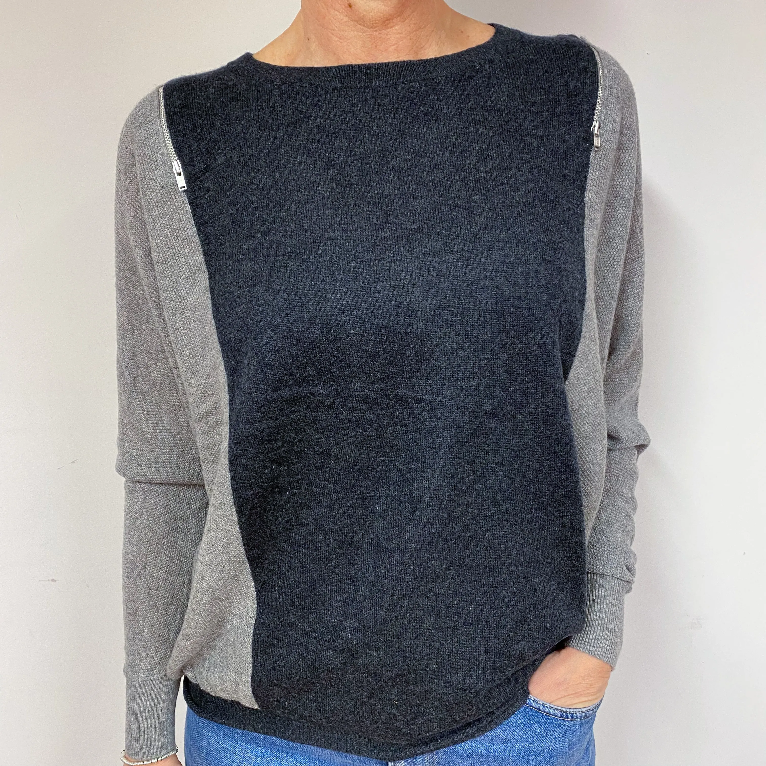 Grey Slouchy Batwing Cashmere Crew Neck Jumper Medium