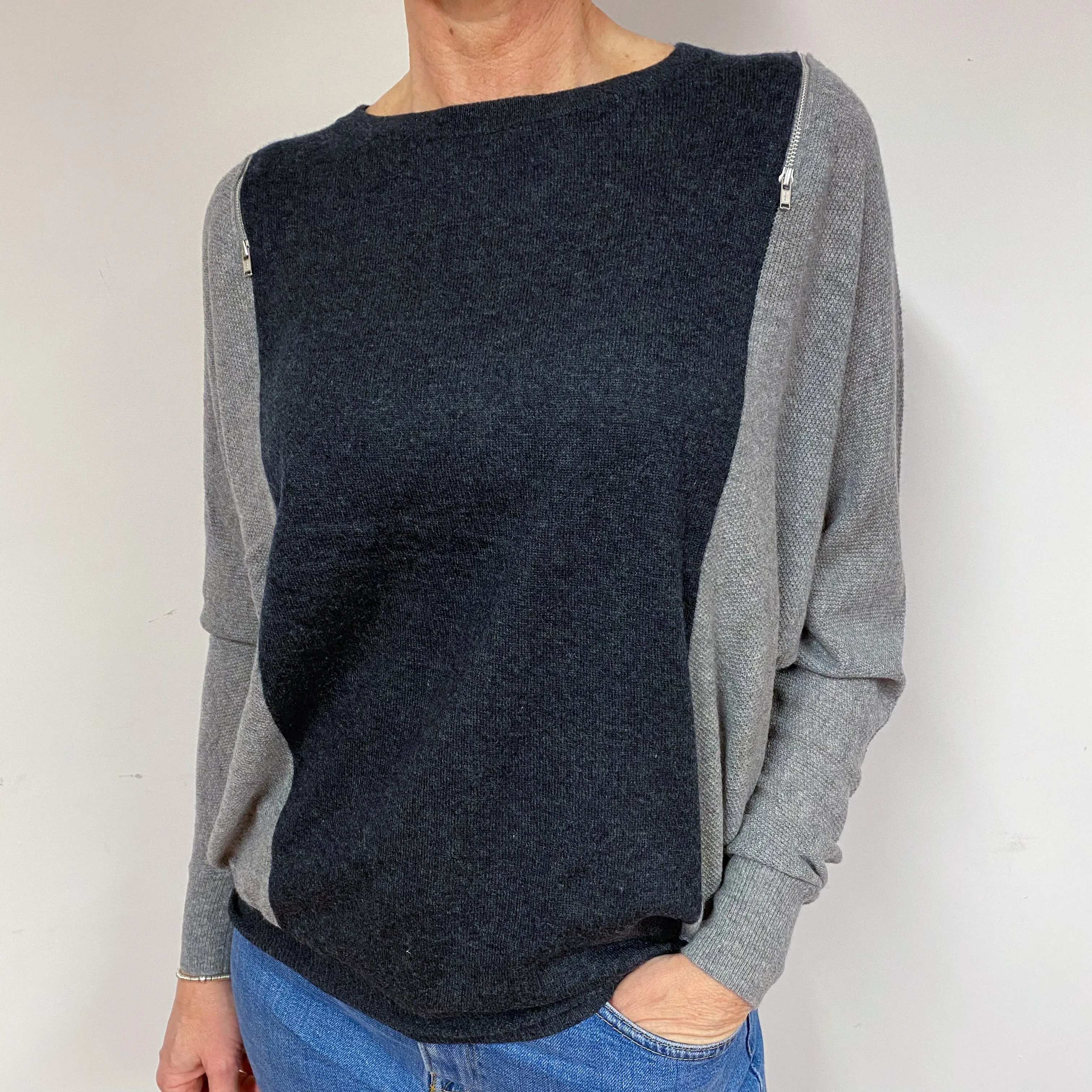 Grey Slouchy Batwing Cashmere Crew Neck Jumper Medium