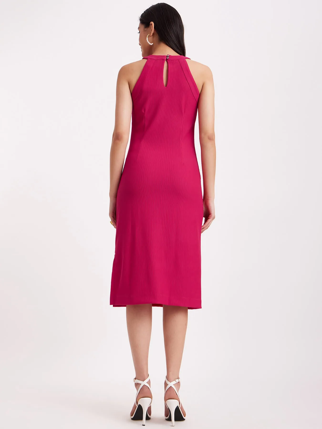 Halter Neck Rib Knit Dress - Pink