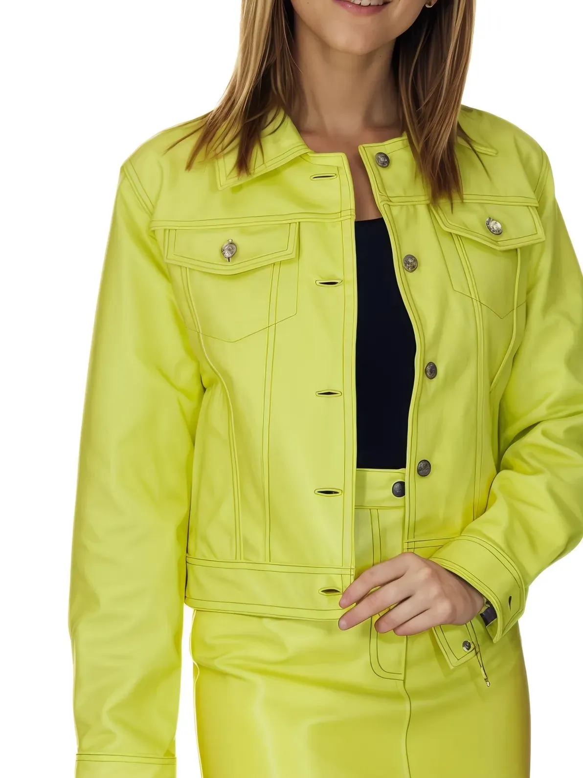 Handcrafted Women's Sheepskin Leather Trucker Jacket – Premium Style Lime Green