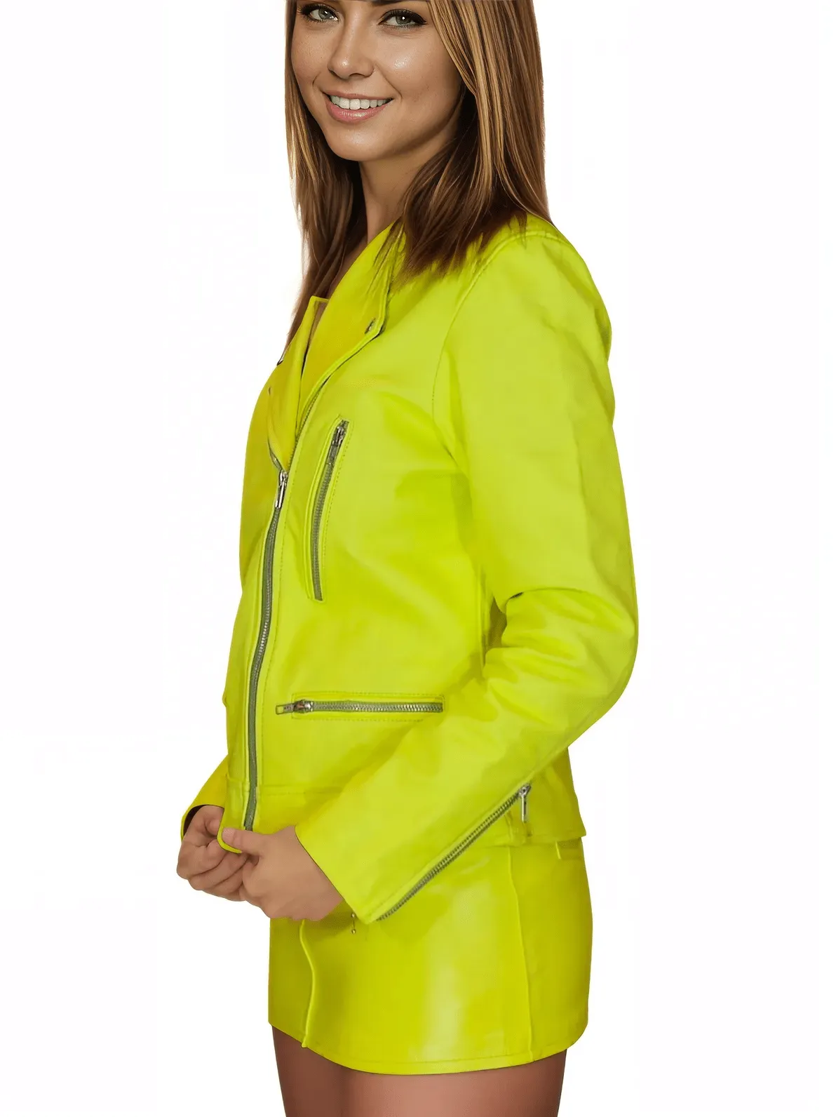 Handcrafted Women's Sheepskin Leather Trucker Jacket – Premium Style Lime Green