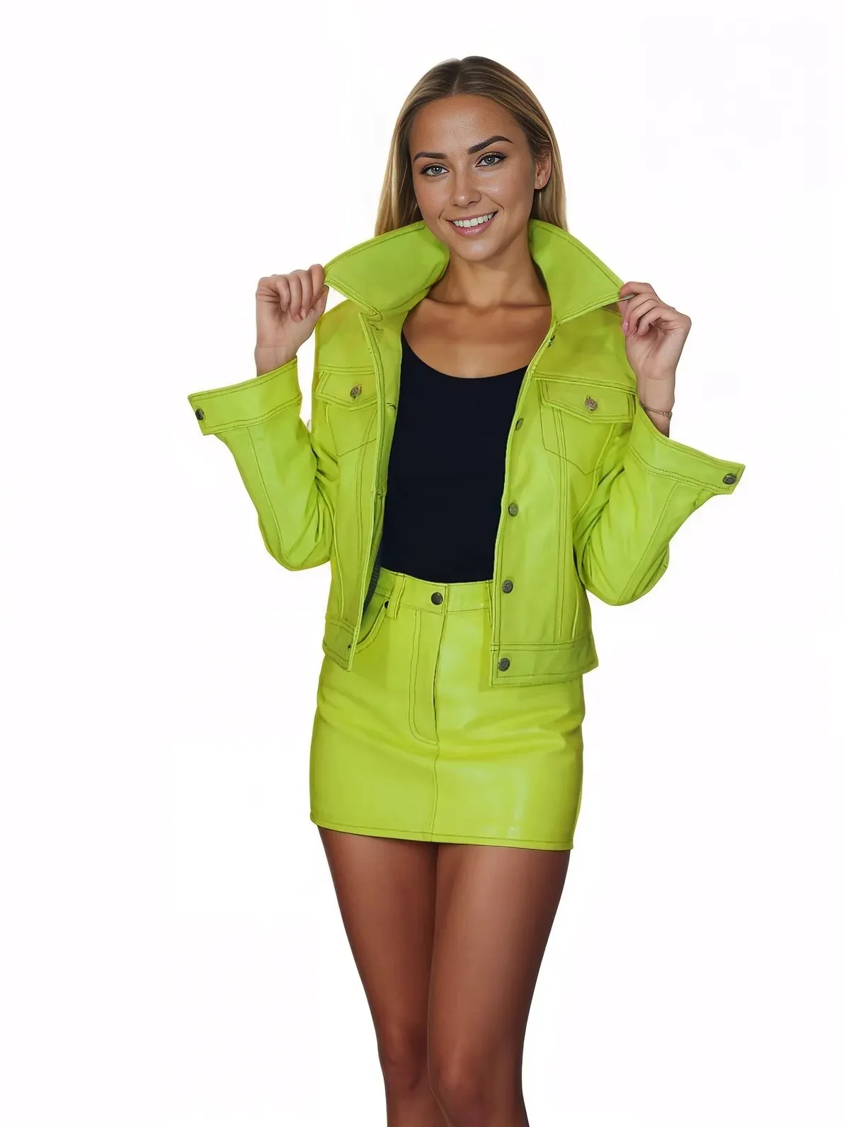Handcrafted Women's Sheepskin Leather Trucker Jacket – Premium Style Lime Green