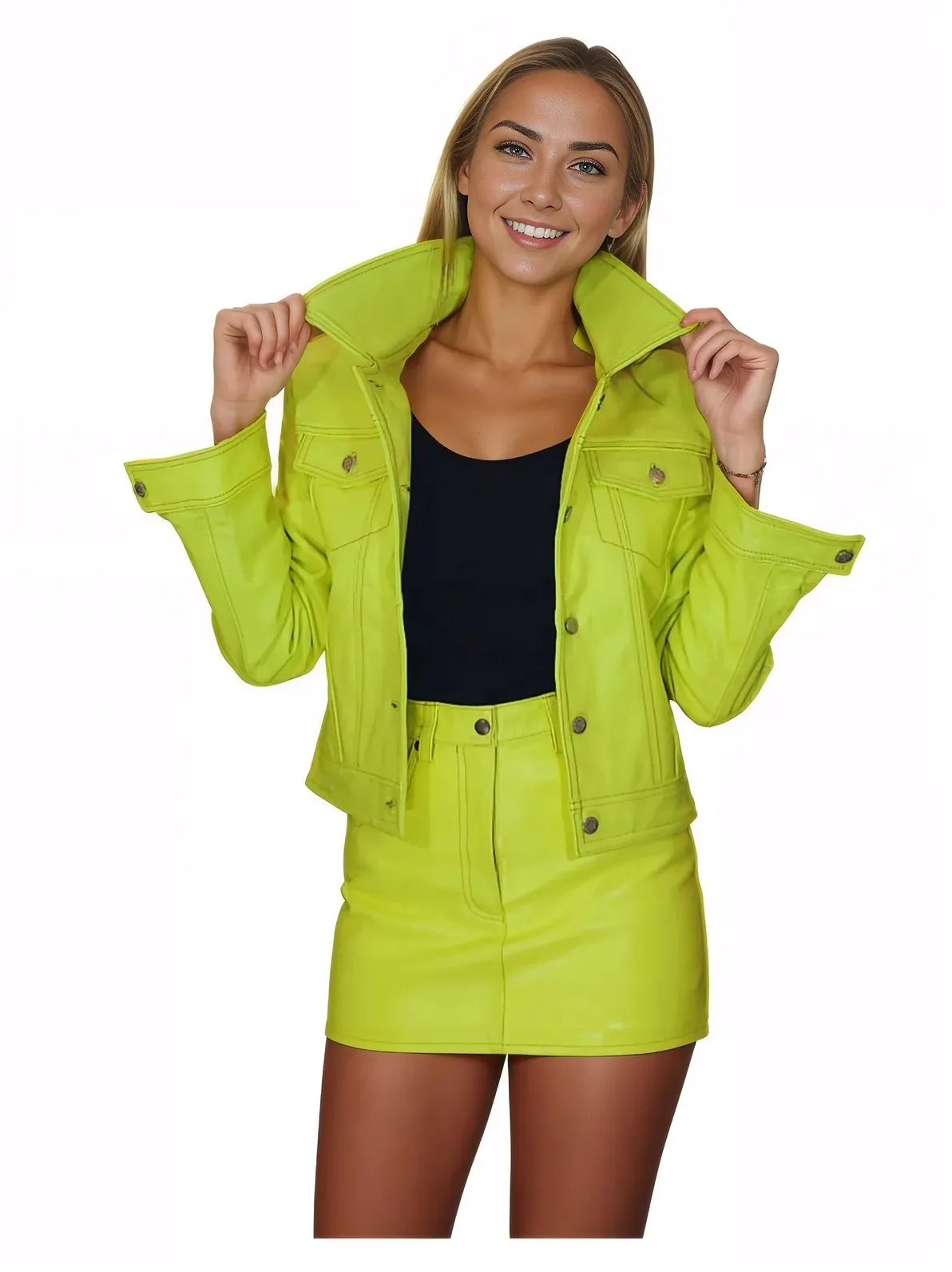 Handcrafted Women's Sheepskin Leather Trucker Jacket – Premium Style Lime Green