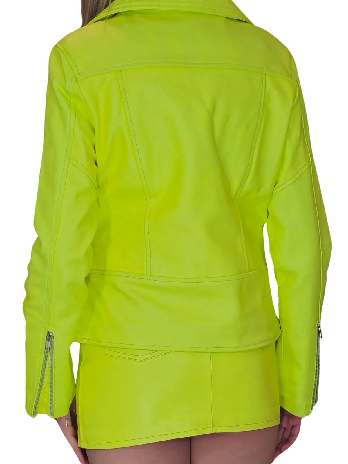 Handcrafted Women's Sheepskin Leather Trucker Jacket – Premium Style Lime Green