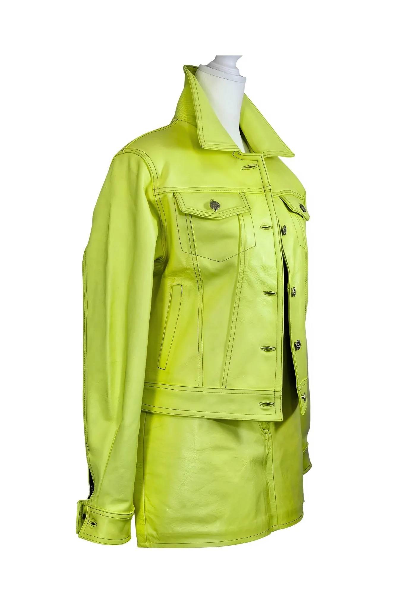 Handcrafted Women's Sheepskin Leather Trucker Jacket – Premium Style Lime Green