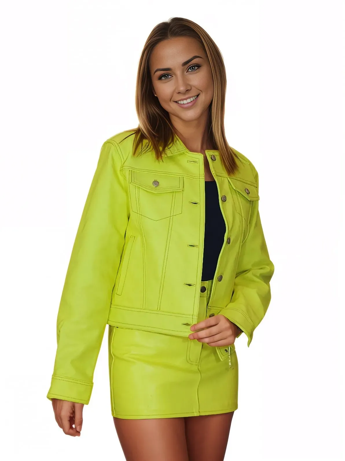 Handcrafted Women's Sheepskin Leather Trucker Jacket – Premium Style Lime Green