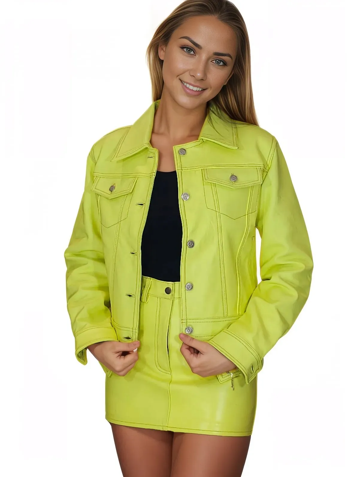 Handcrafted Women's Sheepskin Leather Trucker Jacket – Premium Style Lime Green