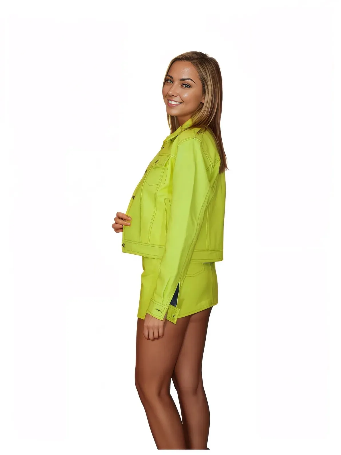 Handcrafted Women's Sheepskin Leather Trucker Jacket – Premium Style Lime Green