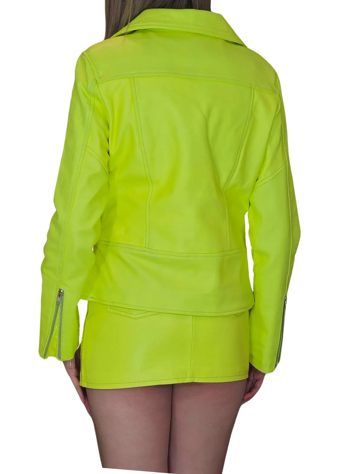 Handcrafted Women's Sheepskin Leather Trucker Jacket – Premium Style Lime Green