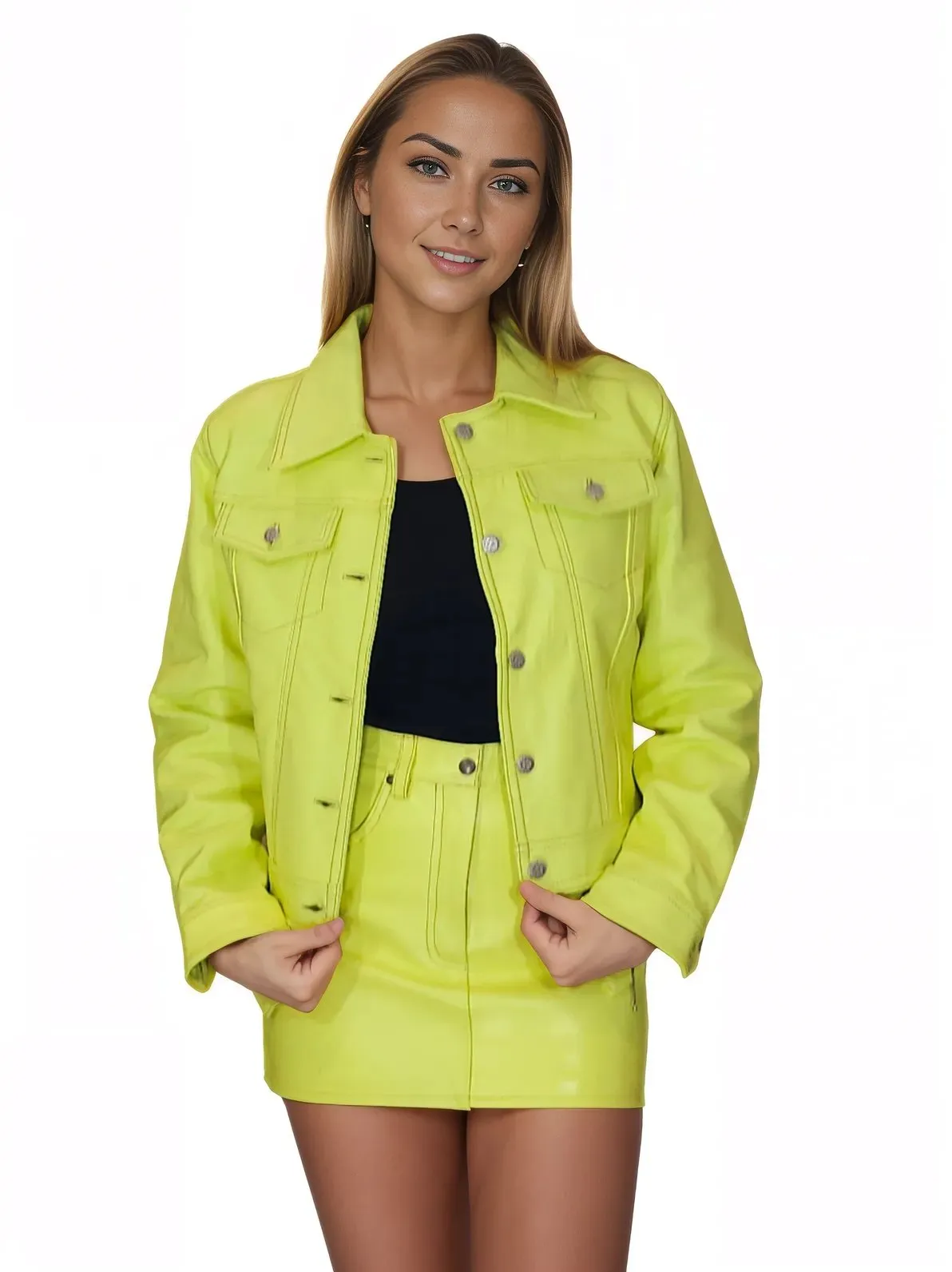 Handcrafted Women's Sheepskin Leather Trucker Jacket – Premium Style Lime Green