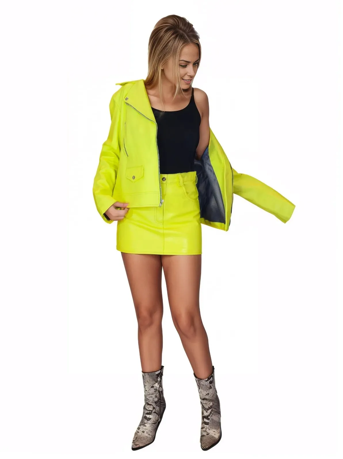 Handcrafted Women's Sheepskin Leather Trucker Jacket – Premium Style Lime Green