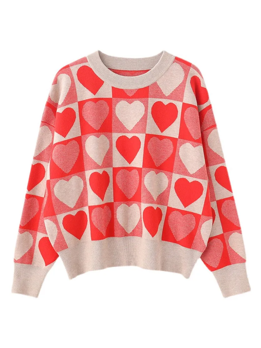 Heart Print Long Sleeve Loose Fit Sweater