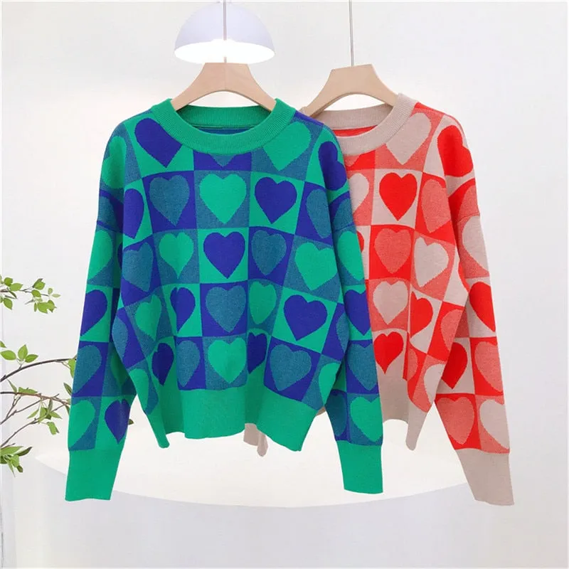 Heart Print Long Sleeve Loose Fit Sweater