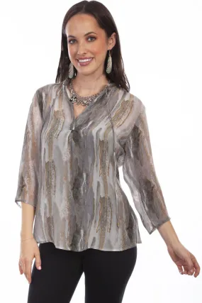 Honey Creek Stone Pull Over Tie Neck Blouse W/Tassle