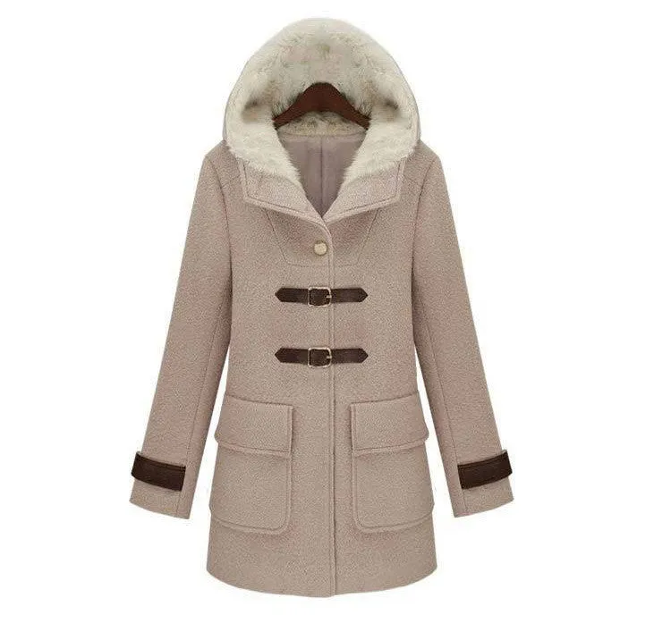 Hooded Lamb Wool Thick Long Sleeves Mid-length Coat