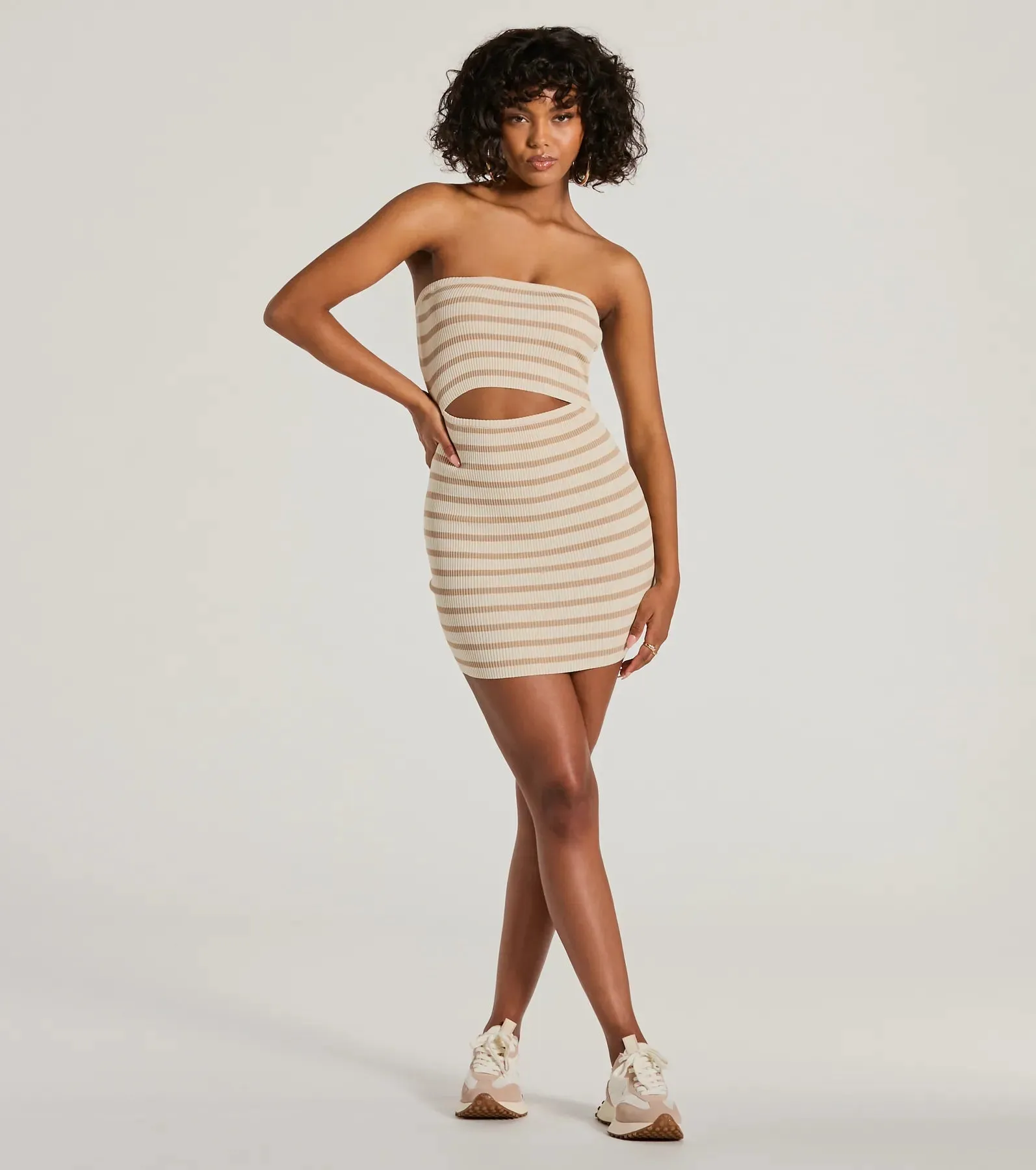 In A Daze Strapless Cutout Striped Knit Mini Dress