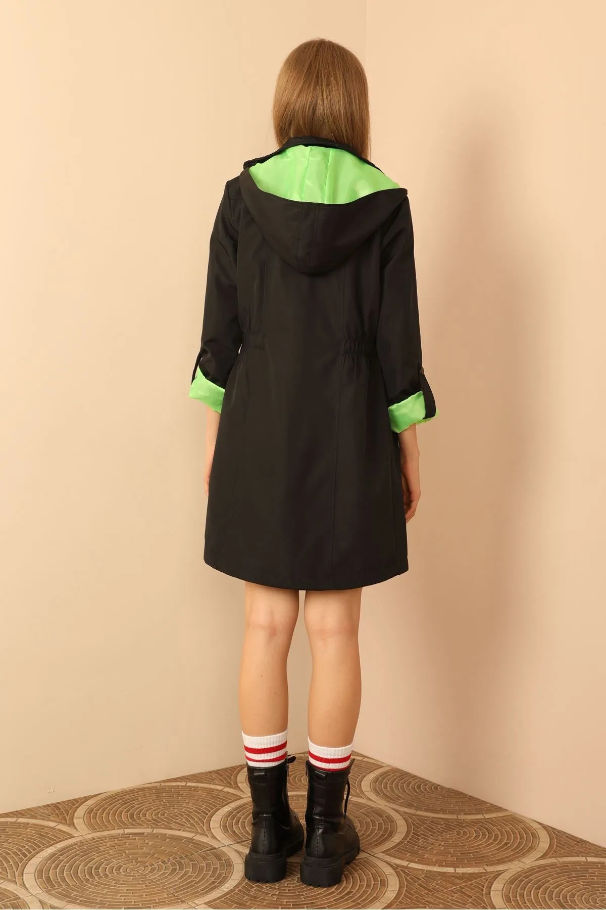 KKT Bondig Fabric Hooded Long Women's Raincoat-Black/Green - San Gabriel