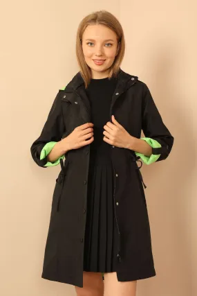 KKT Bondig Fabric Hooded Long Women's Raincoat-Black/Green - San Gabriel