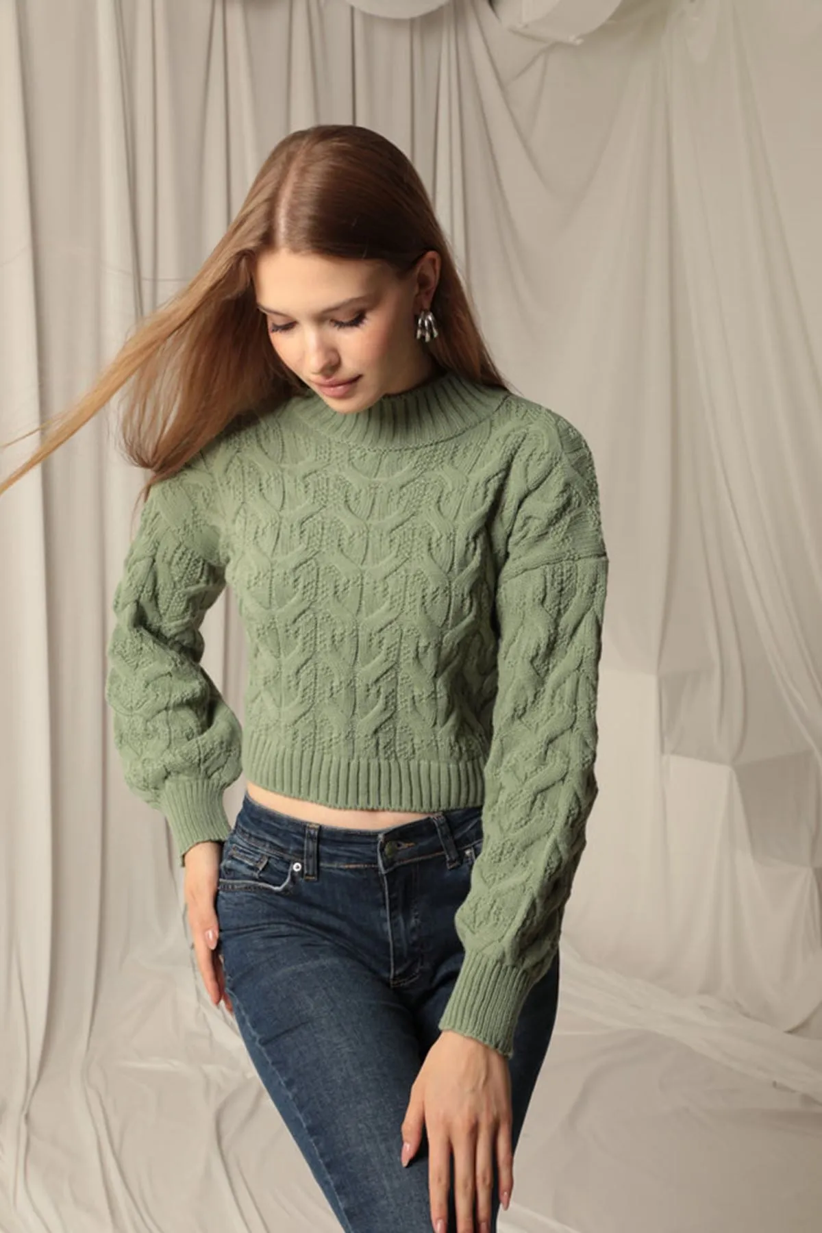 KKT Knitwear Fabric Knit Detailed Women's Mint Sweater - Rocklin