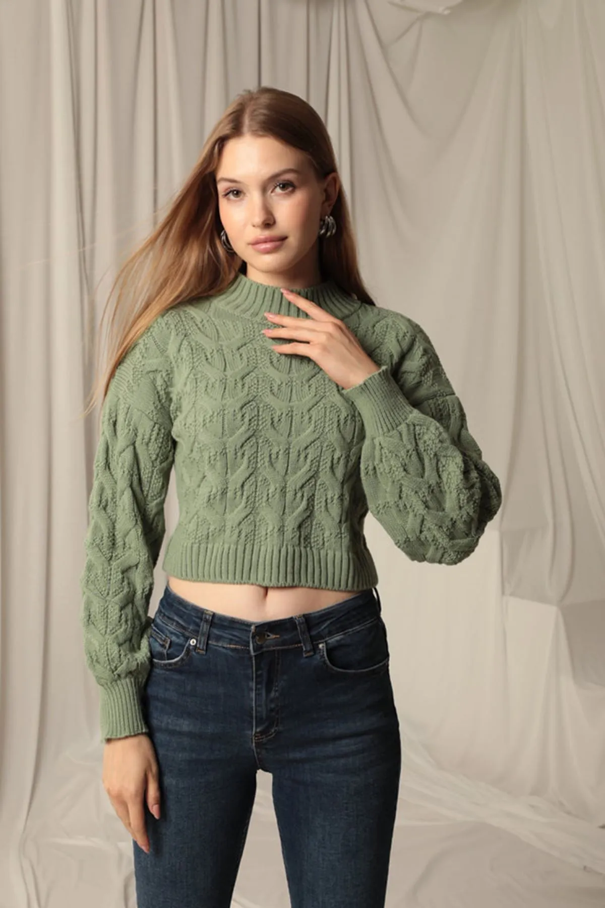 KKT Knitwear Fabric Knit Detailed Women's Mint Sweater - Rocklin