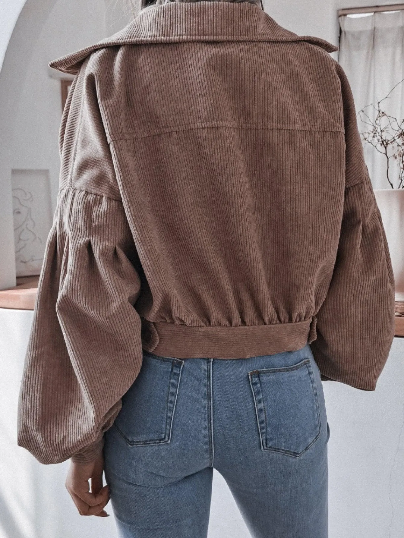 Lantern Sleeve Cropped Corduroy Jacket For Women