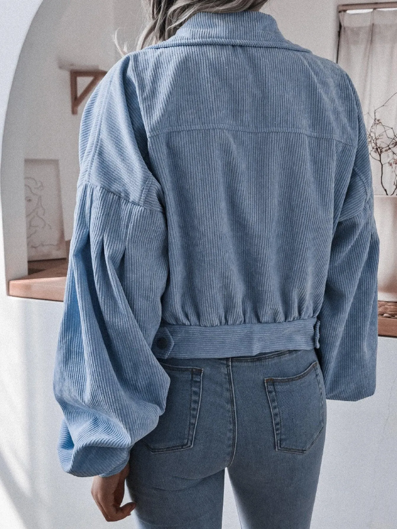 Lantern Sleeve Cropped Corduroy Jacket For Women