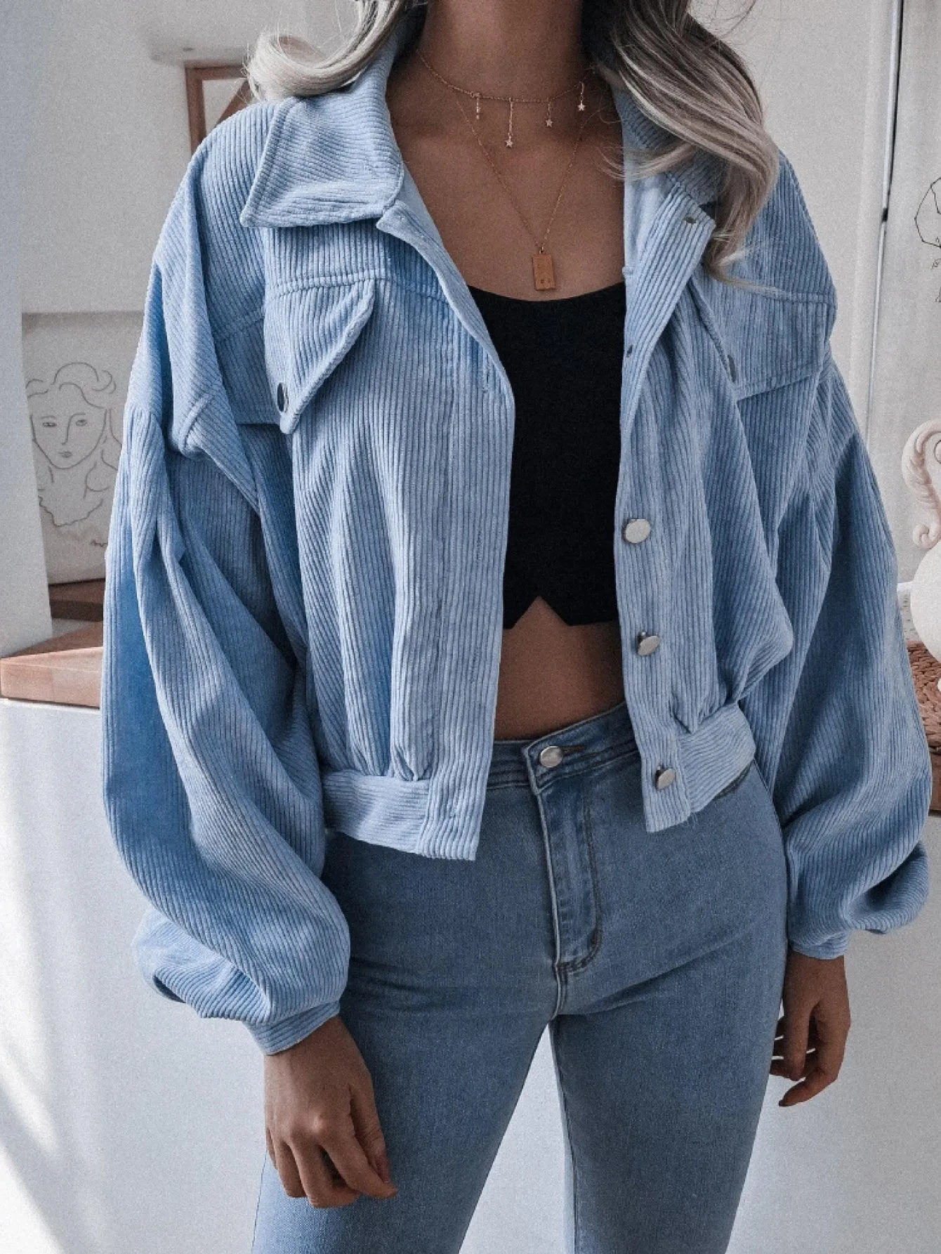 Lantern Sleeve Cropped Corduroy Jacket For Women