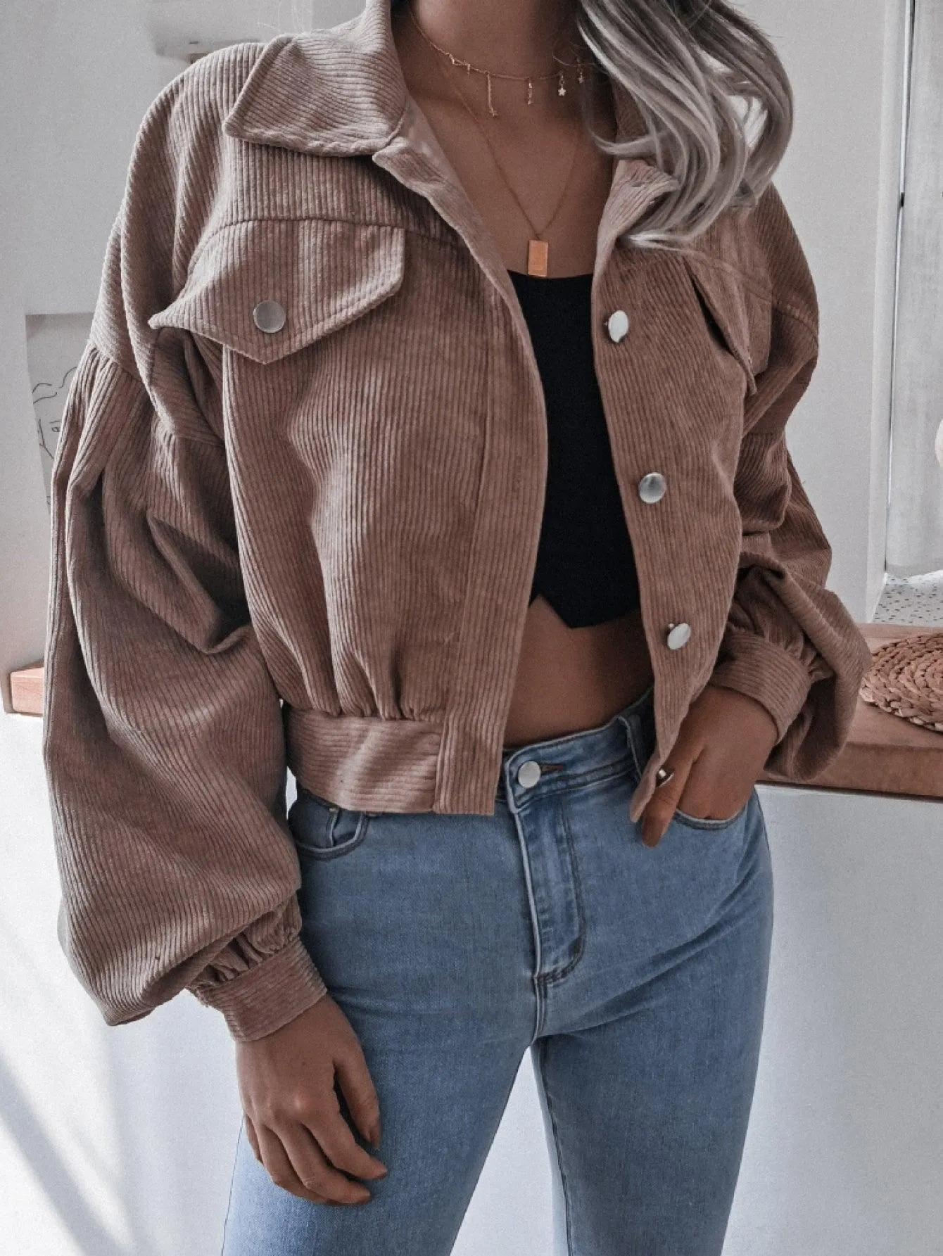 Lantern Sleeve Cropped Corduroy Jacket For Women