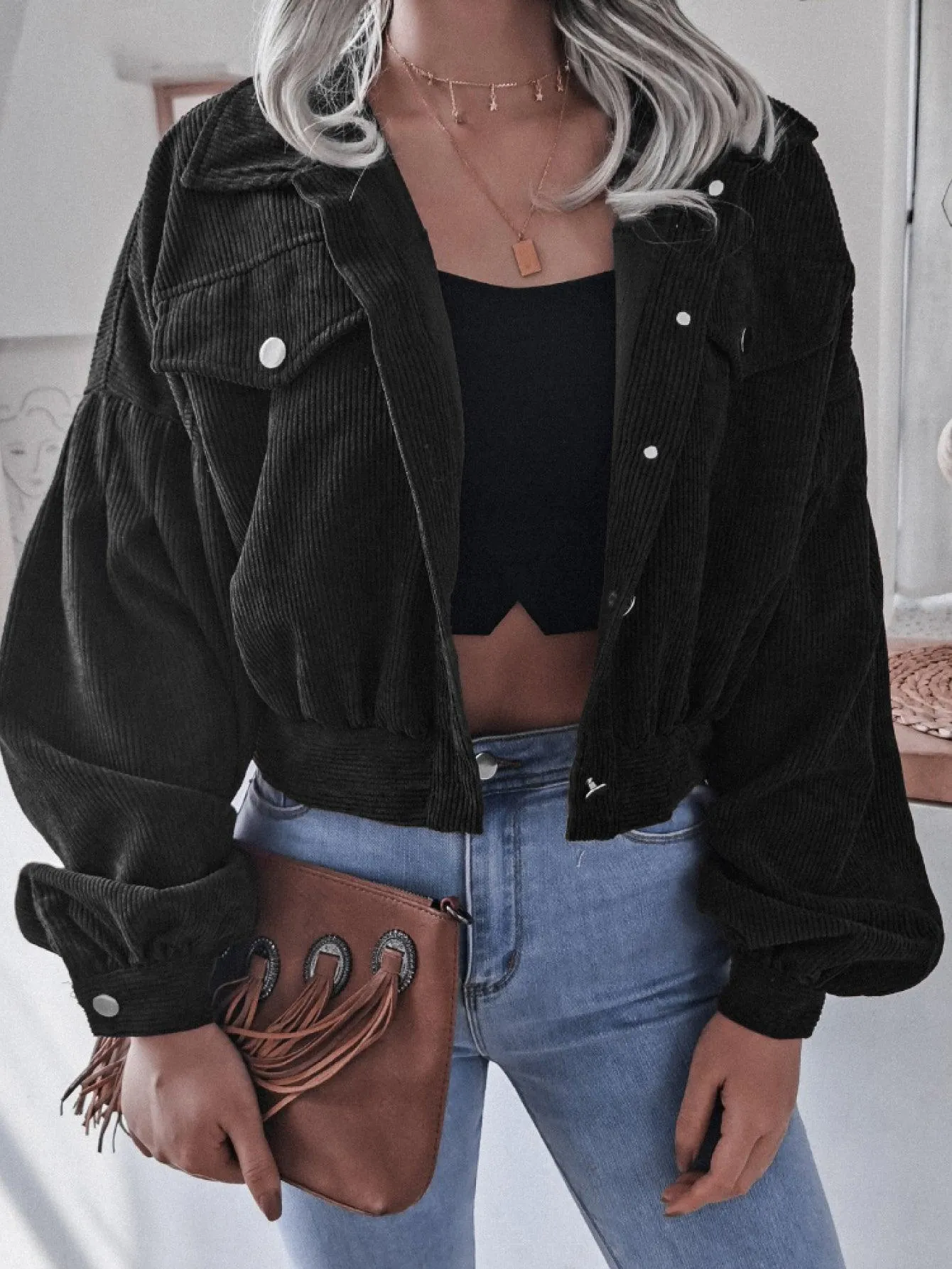Lantern Sleeve Cropped Corduroy Jacket For Women