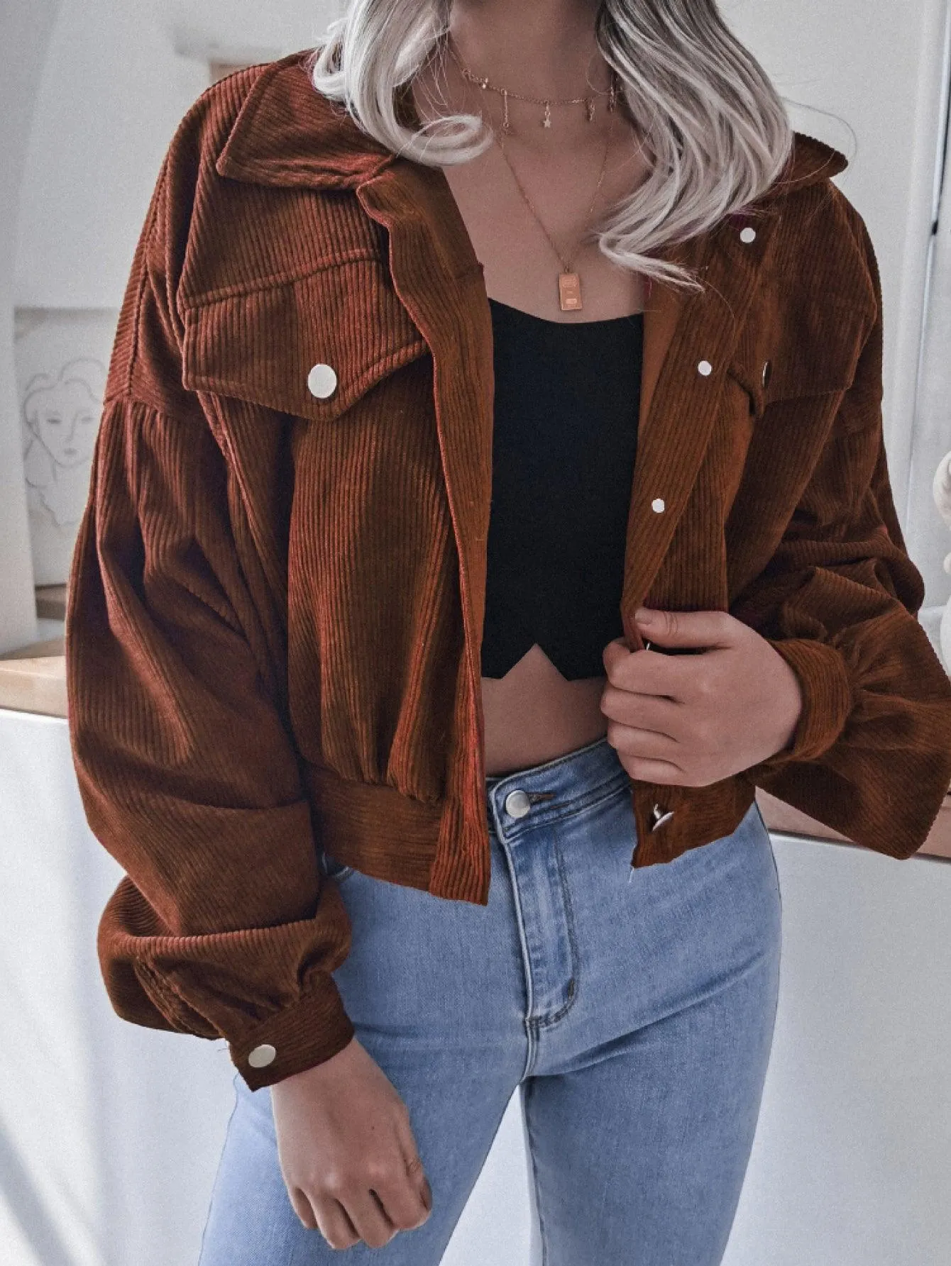 Lantern Sleeve Cropped Corduroy Jacket For Women