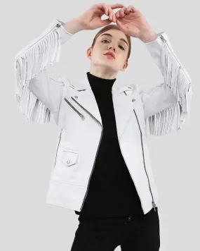 Layla White Fringe Biker Leather Jacket