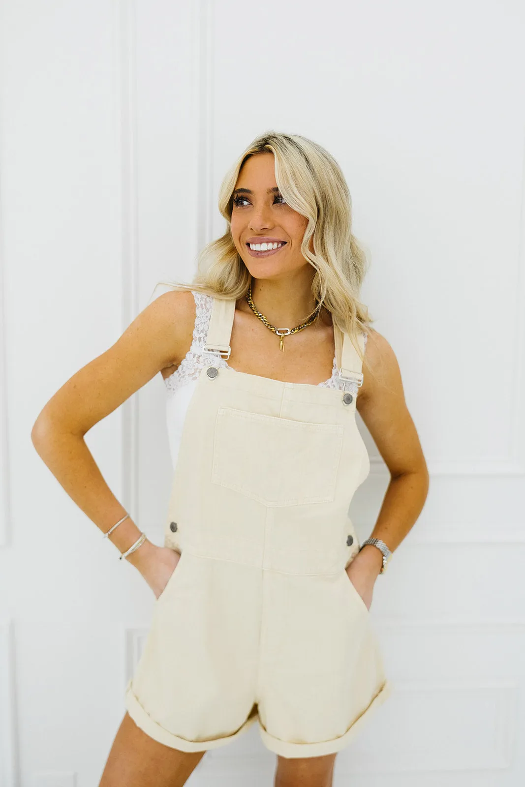 Lillia Denim Shortalls - Sand Stone