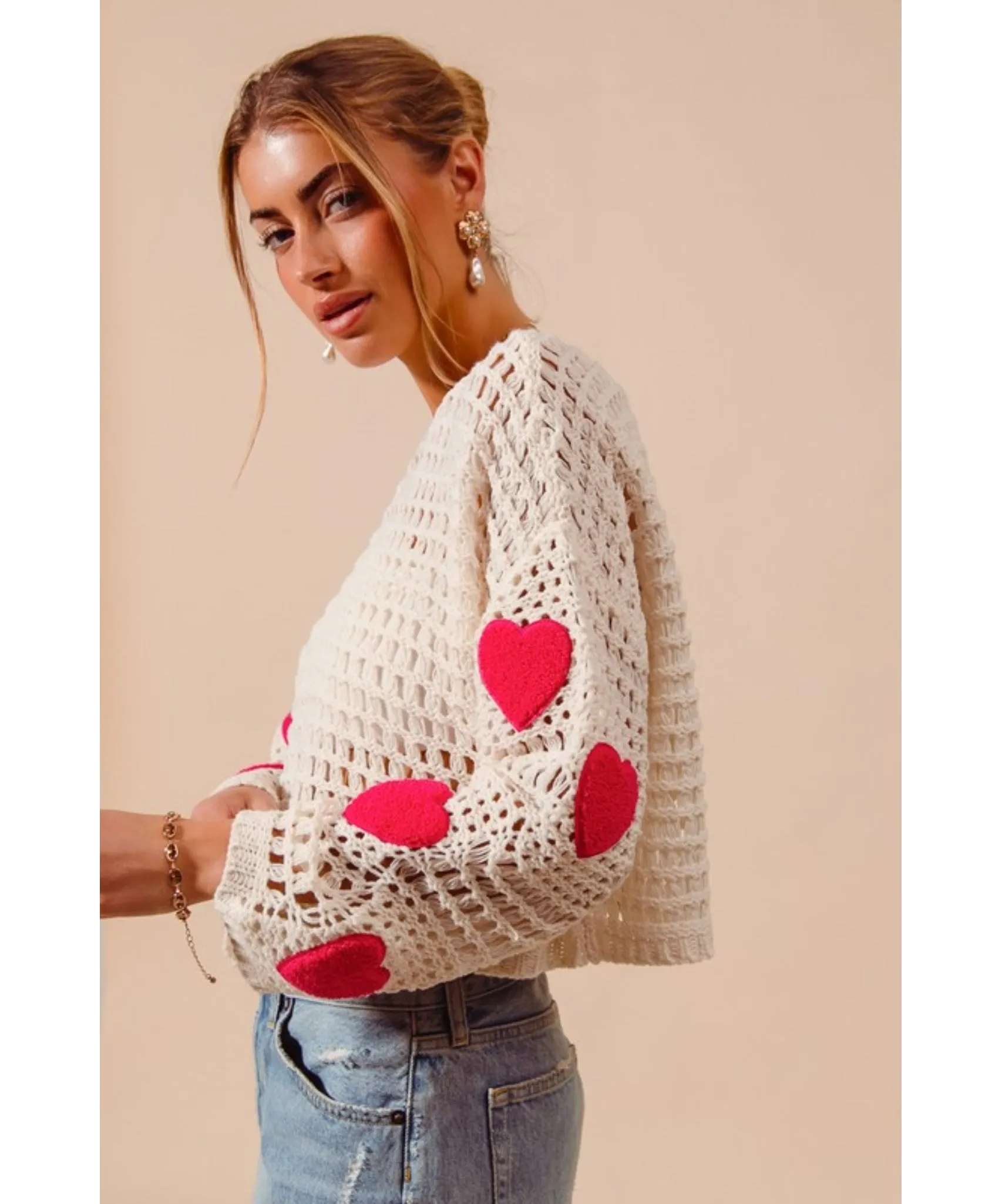 Love Shack Open Knit Sweater - Ivory/Pink