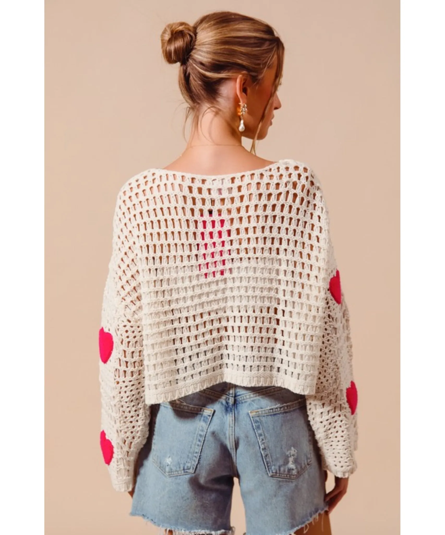 Love Shack Open Knit Sweater - Ivory/Pink